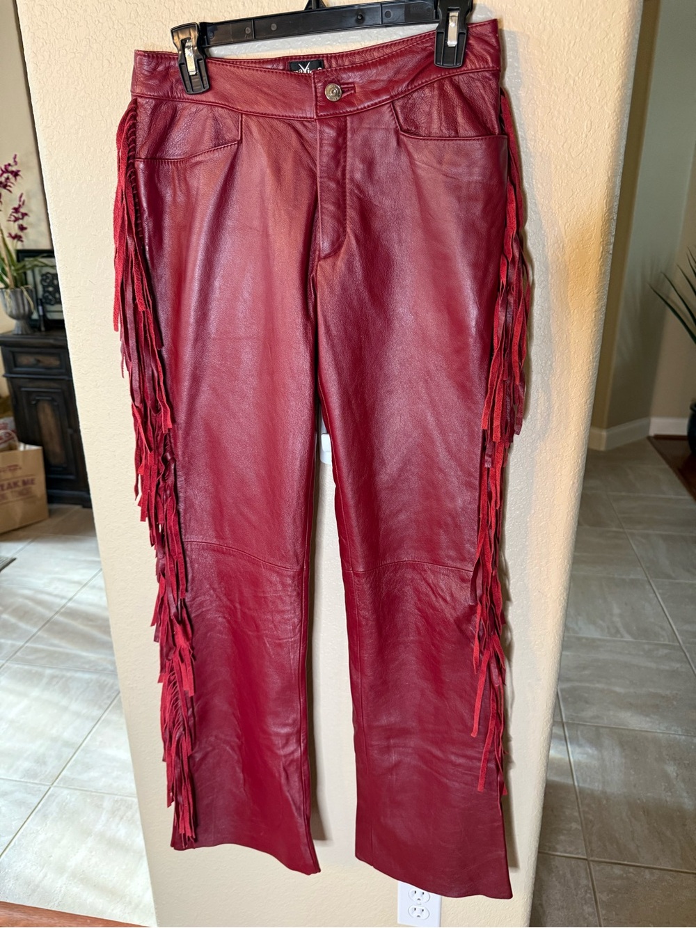 Wilsons Leather Maxima Bold Red Fringe Pants Bootcut Lined